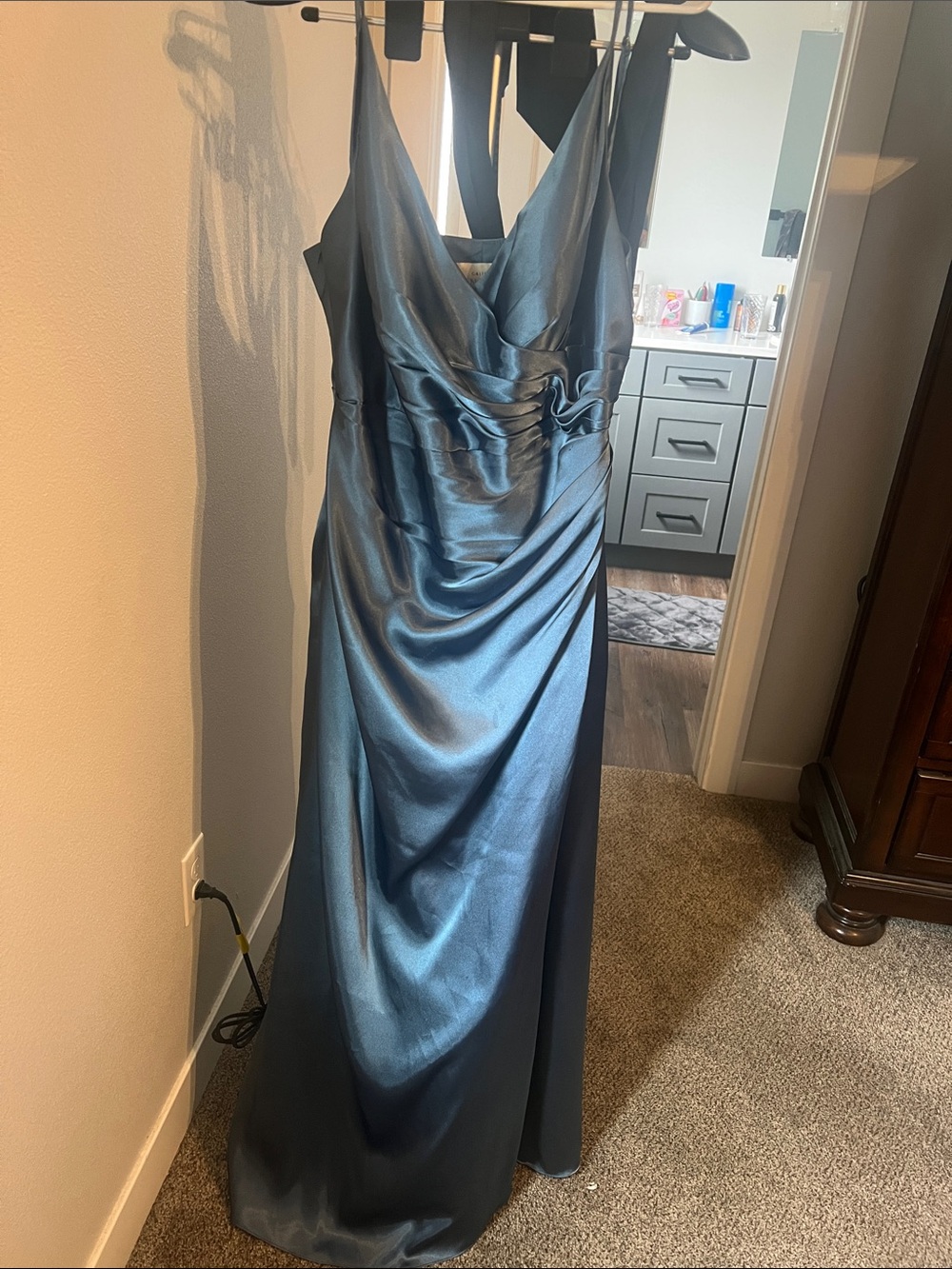 Satin V-Neck Maxi Dress in Shimmering Teal
